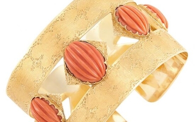 Gold and Carved Coral Cuff Bangle Bracelet, Mario Buccellati