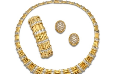Gold and Diamond Bracelet and Pair of Earclips, Hammerman Brothers, and a Gold and Diamond Necklace