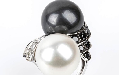 Gold, pearl and black and white diamonds ring 18k white...
