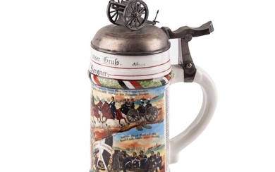 Grand German military faience and silver beer jug. 1906-1908. Height: 23.5 cm.