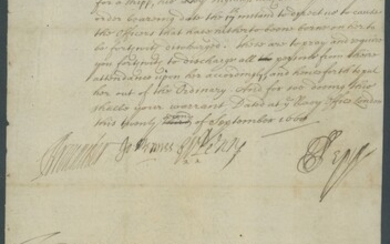 Great Britain Samuel Pepys 1668 (22 Sept.) letter signed "S Pepys" to Edward Gregory, clerk of...