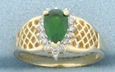 Green Garnet and Diamond Halo Ring in 14k Yellow Gold