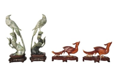 Grouping of Chinese Carved Jade & Chalcedony Birds - Grouping comprises: A pair of carved chalcedony