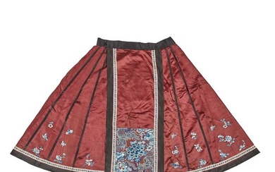 HAN CHINESE WOMAN'S EMBROIDERED PERSIMMON SILK PLEATED SKIRT LATE QING DYNASTY-REPUBLIC PERIOD, 19TH-20TH CENTURY