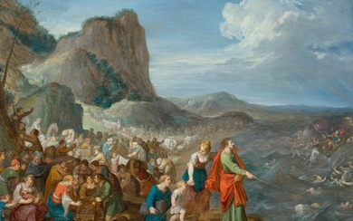 HANS JORDAENS III(1595 Anvers 1643)Moïse écarte la mer Rouge.Huile sur cuivre. Signé en bas à...