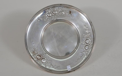 Hand chased sterling silver large round plate with