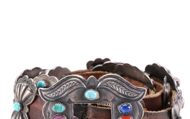 Harry Morgan Navajo Sterling Concho Belt with Turquoise, Coral, and Other Stones