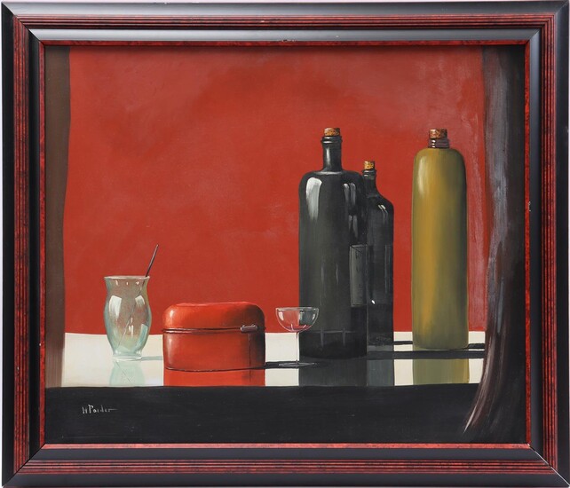 Henk Poeder (1964-), Still life with bottles, panel 50x60 cm...