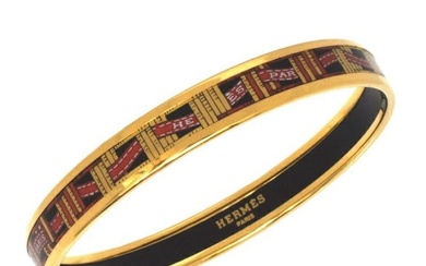 Hermes Bangle Email PM Gold Black Red GP Cloisonne HERMES Bracelet Ribbon Pattern Women's Flat