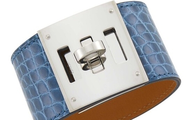 Hermés Paris Leather and Steel 'Kelly Dog Bleu Izmir' Cuff Bracelet