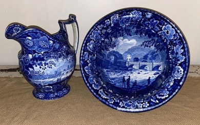 Historical Staffordshire Erie Canal Wash Bowl and Pitcher Set