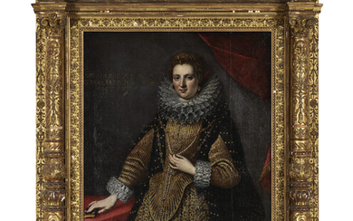ITALIAN SCHOOL, 17TH CENTURY Portrait of a lady, three-quarter-length, in a gold gown with white lace ruff and cuffs, beside a table with a book
