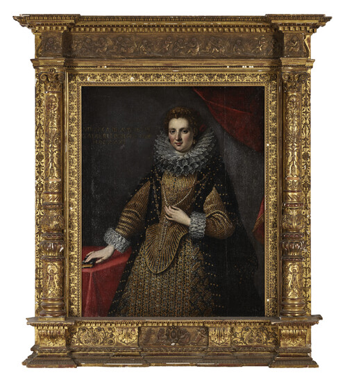 ITALIAN SCHOOL, 17TH CENTURY Portrait of a lady, three-quarter-length, in a gold gown with white lace ruff and cuffs, beside a table with a book