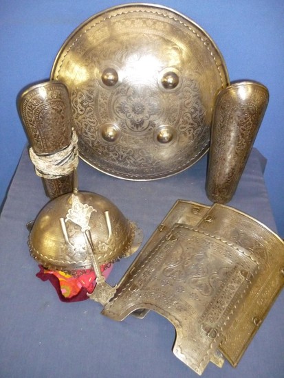 Indo-Persian set of armor comprising of Khula Khud helmet wi...