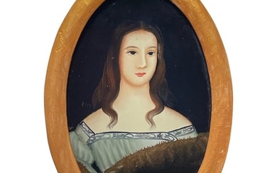 Italian 19th Century Miniature Oval Portrait Countess Lady Dress Oil Painting