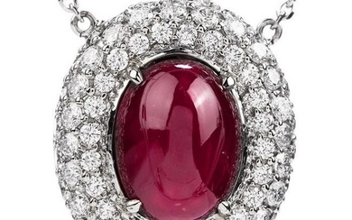Italian 9.09ct Cabochon Ruby Diamond 18K Gold Oval Chain Necklace