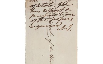 JACKSON, Andrew (1767-1845). Autograph endorsement signed ("A.J."). Accomplished on an address