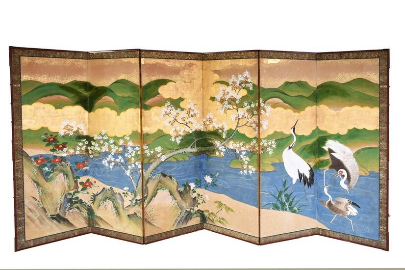 JAPANESE PAINTED AND GILT EIGHT-FOLD SCREEN