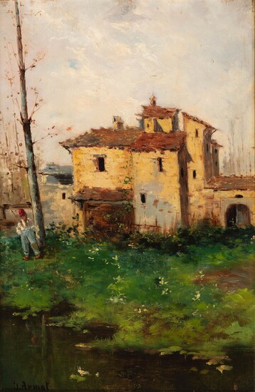 JOSEP ARMET PORTANELL (Barcelone, 1843 - 1911) _x000D_. "Maisons rurales avec un villageois". Huile sur...