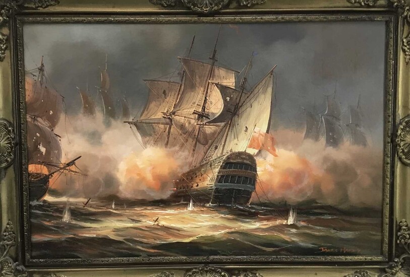 James Hardy, 20th century, Broadside, a Naval Sea Battle by Night, signed, oil on canvas laid on board