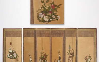 Japanese School, Meiji paper screen, Ikebana
