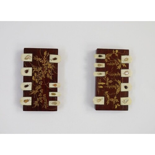 Japanese inlaid card markers in wood with gilt painted decor...