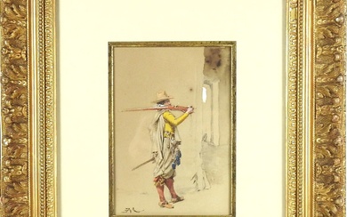 Jean Louis Ernest MEISSONIER (1815-1891); "L'arquebusier", aquarelle rehaussée de gouache, monogramme EM en bas à...