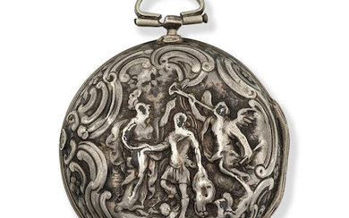 Jn Edmonds, London. A silver key wind pair case pocket watch with repoussé decoration
