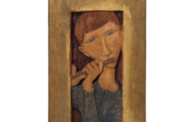 Johannes Hedegaard: Carved wood relief in the shape of a flute player. Painted in shades of blue and golden colours. Unique. H. 39.5×23.5 cm.