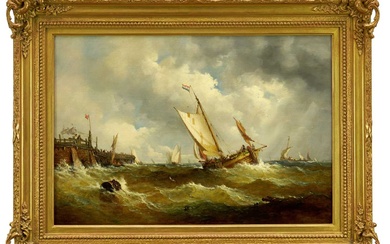 John Moore of Ipswich (1820-1902) oil on canvas - Shipping off a Pier, signed, 46cm x 66.5cm, in gilt frame