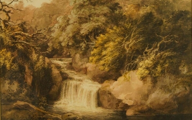 Joseph Barber, British 1757-1811- Landscape with a waterfall; watercolour and bodycolour on paper with scratching out, 24.3 x 31.7 cm.
