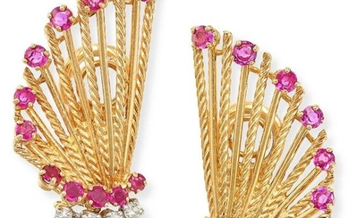 KUTCHINSKY, A PAIR OF VINTAGE RUBY AND DIAMOND EARRINGS in 18ct yellow gold, each designed as a