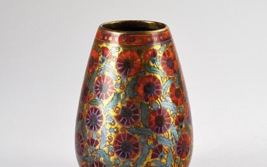 A conical vase with flowers and leaves, model number: 5330, executed by Zsolnay, Pecs, c. 1900