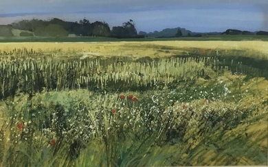 Kit Leese ( contemporary) gouache, Cornfield Withermarsh Green, signed
