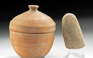 Korean Silla Pottery Lidded Jar + Stone Hand Axe