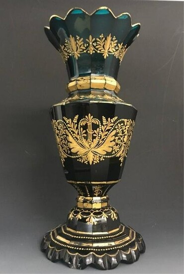 LARGE 19TH C. GILT AND ENAMELED BOHEMIAN EMERALD GLASS