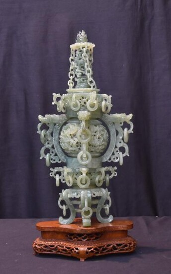 LARGE CHINESE CARVED BOWENITE TOWER CENSER