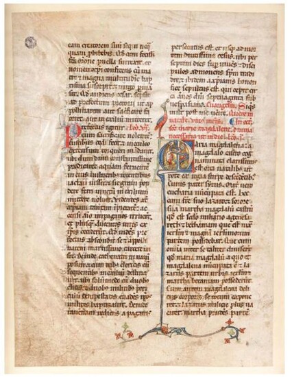 LARGE SHEET of a Martyrology handwritten and illuminated on parchment. Text written on two 34-line columns, in Latin in brown and red ink, with red and blue filigree letter P and letter M decorated with a bird and a sort of basilica with a woman's...