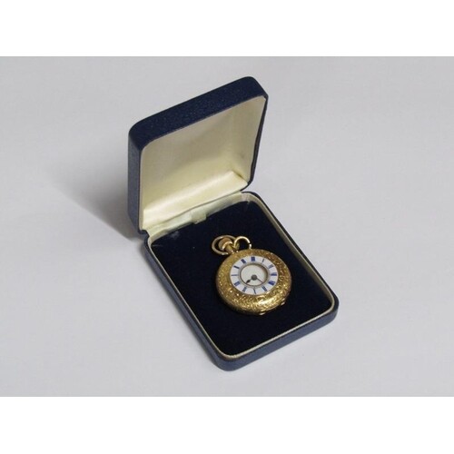 LATE 19c 18ct GOLD CASED HALF HUNTER FOB WATCH WITH ENAMEL C...
