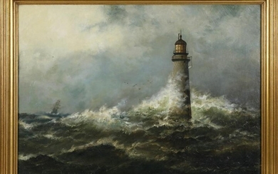 L.M. Cook Oil on Canvas "Storm Off Minots Light"