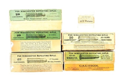 LOT OF 5: ANTIQUE BOXES OF WINCHESTER AMMUNITION FOR 1876 RIFLES.