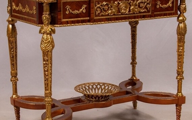 LOUIS XVI STYLE FRUITWOOD & BRONZE ORMOLU CENTRE TABLE, IN THE STYLE OF ADAM WEISWEILER H 31", W 34"