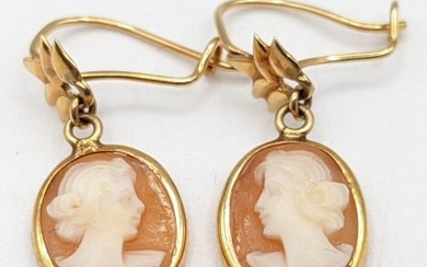 Ladies 10K Yellow Gold Cameo Dangle Earrings