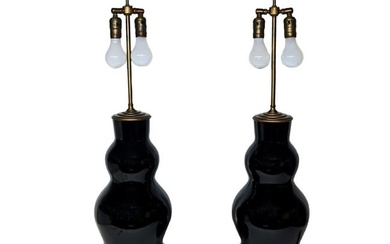 Large Pair of Black Ceramic Table Lamps
