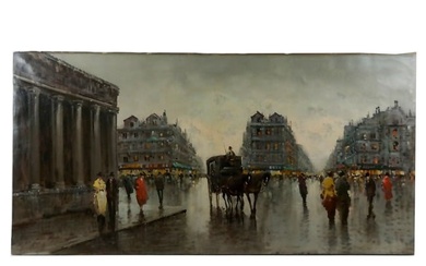 Large Unframed Oil on Canvas Parisian Street Scene