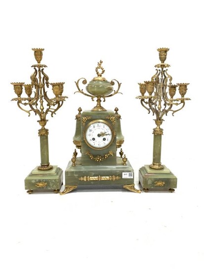 Late 19th century onyx and gilt three-piece clock garniture,...