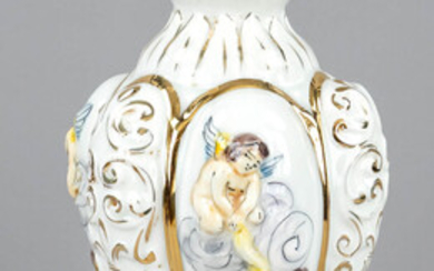 Lidded vase, Keramos Capodimonte, Naples, Italy, 20th c., floral goblet form with bulging