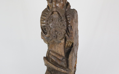 Life-size wooden figure of a bearded man.