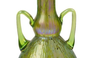 Loetz (Austrian), an iridescent Creta Papillon miniature twin-handled glass vase, c.1900, ground out pontil, The green glass decorated with splashes and streaks of silvery-green iridescence, 9 cm high, Property from a private collection