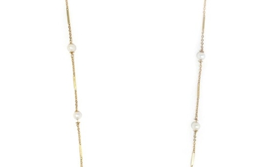 Long Gold and Cultured Pearl Chain Necklace